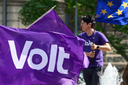 Bucharest, Romania. 3rd June, 2023: The march "European Unity now: Romania in Schengen!" organized by the pragmatic progressive pan-European political party Volt Europa and Volt Romania.のeditorial素材