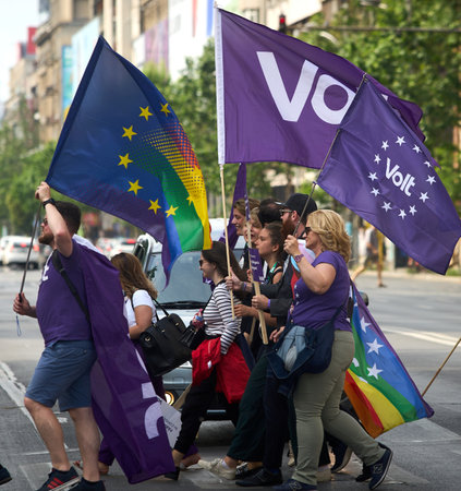 Bucharest, Romania. 3rd June, 2023: The march "European Unity now: Romania in Schengen!" organized by the pragmatic progressive pan-European political party Volt Europa and Volt Romania.のeditorial素材