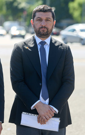 Bucharest, Romania. 7th August, 2023: Marius Lulea, first vice-president of Alliance for Romanians Unification (AUR), attends an extraordinary press conference on the increase in taxes and fees announced by the government for the next period, in front of のeditorial素材