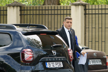 Bucharest, Romania. 4th Sep, 2023: George Simion, president of Alliance for Romanians Unification (AUR), arrives at the headquarters of the Anti-Corruption General Directorate (DGA).のeditorial素材
