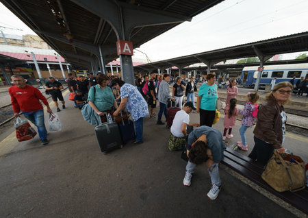 Bucharest, Romania. 15th Sep, 2023: People waiting in Bucharest North Railway Station during the warning strike of Romanian railway carriers. This image is for editorial use only.のeditorial素材