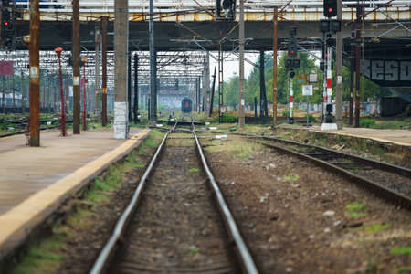 Bucharest, Romania. 15th Sep, 2023: A train is stopped near Bucharest North Railway Station during the warning strike of Romanian railway carriers. This image is for editorial use only.のeditorial素材