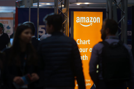 Bucharest, Romania. 9th Nov, 2023: The stand of the American multinational e-commerce company Amazon during GoTech World, IT & Digital expo-conference.のeditorial素材