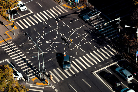 Bucharest, Romania - November 27, 2023: Aerial view of an intersection with multiple road markings in Bucharestのeditorial素材