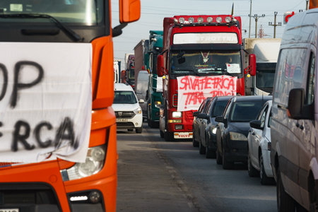Afumati, Romania - 15th January, 2024: Romanian transporters and farmers protest, in Afumati, 12 km north of Bucharest.のeditorial素材