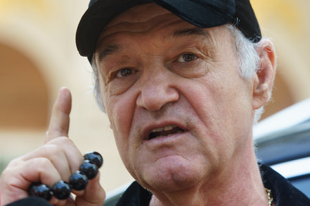 Bucharest, Romania. 24th July, 2023: George Becali, the owner of the Romanian soccer team FCSB, speaks to the journalists gathered in front of his palace in Bucharest. Image for editorial use only.のeditorial素材