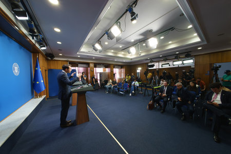 Bucharest, Romania - 16th Feb, 2024: Sebastian Burduja, the Romanian Minister of Energy speaks during a press conference at the Victoria Palace, the Romanian Government headquarters.のeditorial素材