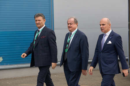 Bucharest, Romania. 6th Mar, 2024: (L-R) Romanian Members of the European Parliament, Mircea Hava, Vasile Blaga, and Rares Bogdan, attend the 2024 EPP Congress on March 6, in Bucharest.のeditorial素材