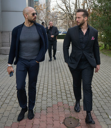 Bucharest, Romania. 7th Mar, 2024: Andrew Tate (L) and his brother Tristan Tate (R) leave the Bucharest Court.のeditorial素材