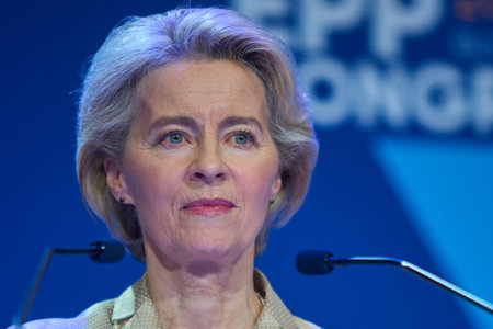 Bucharest, Romania. 7th Mar, 2024: Ursula von der Leyen, president of the European Commission, speaks during a press conference at the end of 2024 EPP Congress on March 7, in Bucharest.のeditorial素材