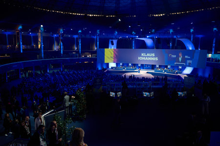 Bucharest, Romania. 7th Mar, 2024: Klaus Iohannis, President of Romania, give a speech during the second plenary session of 2024 EPP Congress on March 7, in Bucharest.のeditorial素材