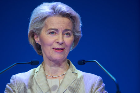 Bucharest, Romania. 7th Mar, 2024: Ursula von der Leyen, president of the European Commission, speaks during a press conference at the end of 2024 EPP Congress on March 7, in Bucharest.のeditorial素材