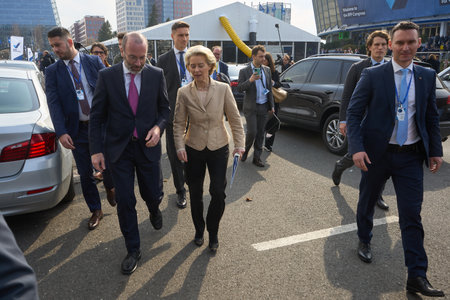 Bucharest, Romania. 7th Mar, 2024: Manfred Weber (L), European People's Party President, and Ursula von der Leyen (C), president of the European Commission, leave at the end of 2024 EPP Congressのeditorial素材