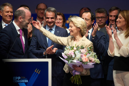 Bucharest, Romania. 7th Mar, 2024: Ursula von der Leyen (C), President of the European Commission, reacts after was confirmed as EPP lead candidate for the European Parliament electionsのeditorial素材