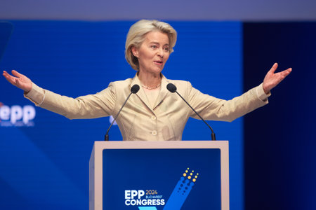 Bucharest, Romania. 7th Mar, 2024: Ursula von der Leyen, President of the European Commission, give a speech during the second plenary session of 2024 EPP Congress on March 7, in Bucharest.のeditorial素材
