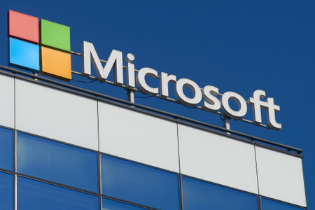 Bucharest, Romania - March 03, 2024: The Microsoft logo is seen above its headquarters in Bucharest, Romania. This image is for editorial use only.のeditorial素材