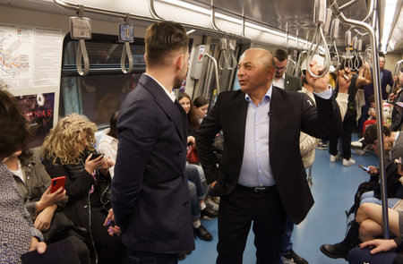 Bucharest, Romania. 3rd Apr, 2024: Catalin Cirstoiu (C-R), the joint candidate for mayor of Bucharest of the Social Democratic Party (PSD) and the National Liberal Party (PNL), travels with Bucharest subway after the press conference about the project iniのeditorial素材