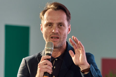 Bucharest, Romania. 8th May, 2024: Razvan Abagiu, speaks at the presentation of the "Energy District" project.のeditorial素材