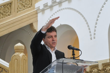 Bucharest, Romania. 20th May, 2024: Nicusor Dan, the Mayor of Bucharest and independent candidate for another term, presents his activity report as general mayor and the main objectives for the next 4 years, during a press conference, at the headquarters のeditorial素材