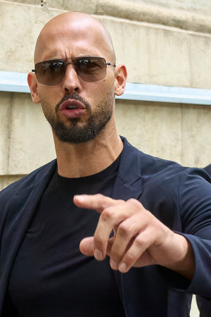 Bucharest, Romania. 30th May, 2024: Andrew Tate (L) and his brother Tristan Tate (not in picture) leave the Bucharest Court of Appeal.のeditorial素材