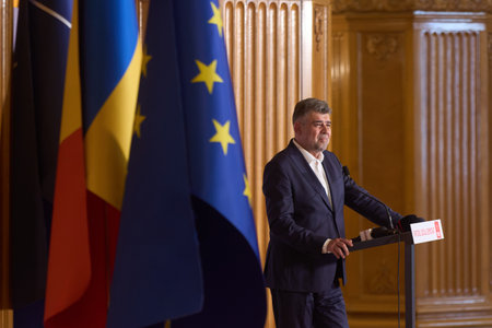 Bucharest, Romania. 12th July, 2024: Marcel Ciolacu, president of Social Democratic Party (PSD) and Romanian prime minister, speaks during a press conference after the meeting of the National Political Council of the Party.のeditorial素材