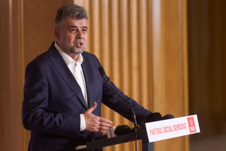 Bucharest, Romania. 12th July, 2024: Marcel Ciolacu, president of Social Democratic Party (PSD) and Romanian prime minister, speaks during a press conference after the meeting of the National Political Council of the Party.のeditorial素材