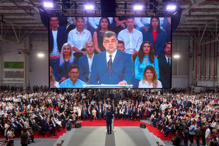Bucharest, Romania. 22th Aug, 2024: Marcel Ciolacu, PSD president and Romanian prime minister, delivers a speech announcing his candidacy for the Presidency of Romania, during the Congress of the Social Democratic Party (PSD), at ROMEXPO Exhibition Centerのeditorial素材