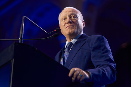 Bucharest, Romania. 15th Sep, 2024: Valeriu Stoica, former PNL president, speaks during the National Council of National Liberal Party (PNL), held at the Palace of the Romanian Parliament.のeditorial素材