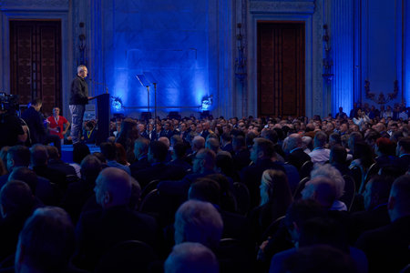 Bucharest, Romania. 15th Sep, 2024: Nicolae Ciuca, PNL president, delivers his speech during the National Council of National Liberal Party (PNL), held at the Palace of the Romanian Parliament.のeditorial素材