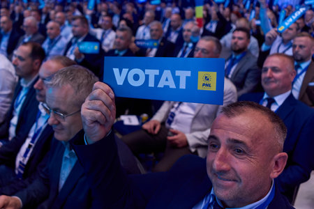 Bucharest, Romania. 15th Sep, 2024: PNL members vote during the National Council of National Liberal Party (PNL), held at the Palace of the Romanian Parliament.のeditorial素材