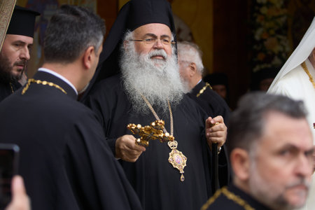 Bucharest, Romania. 24th Oct, 2024: Archbishop George of Cyprus (C) attends the procession of Saint Demetrius the New, the protector of Bucharest.のeditorial素材