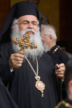 Bucharest, Romania. 24th Oct, 2024: Archbishop George of Cyprus attends the procession of Saint Demetrius the New, the protector of Bucharest.のeditorial素材