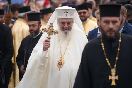 Bucharest, Romania. 24th Oct, 2024: Patriarch Daniel of Romania attends the procession of Saint Demetrius the New, the protector of Bucharest.のeditorial素材