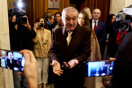 Bucharest, Romania. 20th Dec, 2024: George Becali, the financier of the FCSB football team, newly elected deputy for Alliance for the Union of Romanians (AUR), answers journalists.のeditorial素材