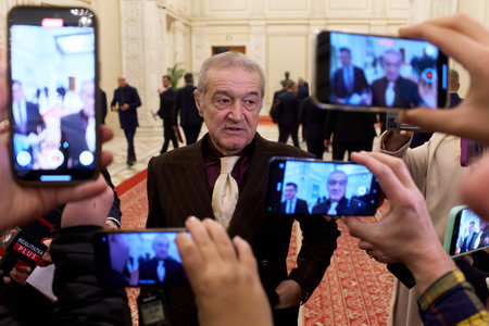 Bucharest, Romania. 20th Dec, 2024: George Becali, the financier of the FCSB football team, newly elected deputy for Alliance for the Union of Romanians (AUR), answers journalists.のeditorial素材