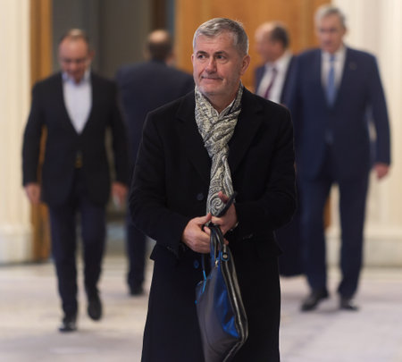 Bucharest, Romania. 13th Jan, 2025: Valeriu Iftime, National Liberal Party (PNL) First Vice-President, arrives at the National Political Bureau of the National Liberal Party.のeditorial素材
