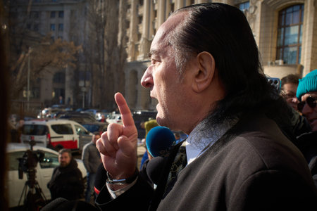 Bucharest, Romania. 17th Jan, 2025: Miron Cozma, the former leader of the miners from Jiu Valley in the 1990s, speaks to journalists in front of the General Prosecutor's Officeのeditorial素材