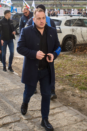 Bucharest, Romania. 21st Jan, 2025: Florin Herda, Vice President of the Free Subway Union (USLM) enters the Ministry of Finance during the Bucharest Metro employees protest.のeditorial素材