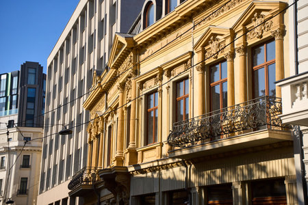 Bucharest, Romania. 23rd Jan, 2025: View along Doamnei street, a street with beautiful old houses, renovated and consolidated,  in downtown Bucharest.のeditorial素材