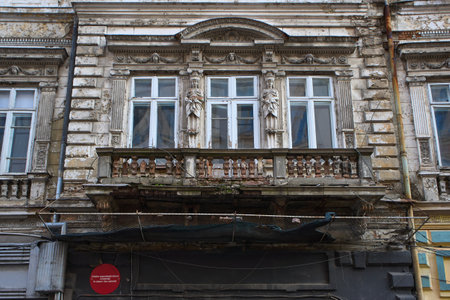 Bucharest, Romania. 23rd Jan, 2025: An old building, historical monument, in a state of degradation at risk of falling in case of an earthquake, on Doamnei Street no.3 in downtown Bucharest.のeditorial素材