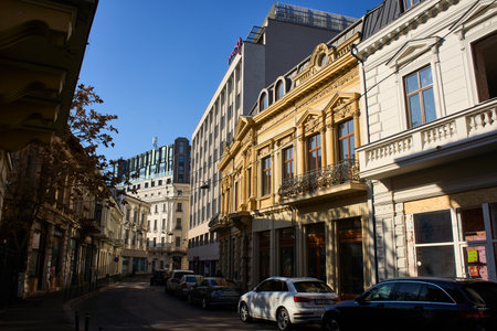 Bucharest, Romania. 23rd Jan, 2025: View along Doamnei street, a street with beautiful old houses, renovated and consolidated,  in downtown Bucharest.のeditorial素材