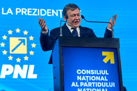 Bucharest, Romania. 26th Jan, 2025: Crin Antonescu, the presidential candidate of Romania from pro-European parties, speaks during the National Council of the National Liberal Party (PNL).のeditorial素材