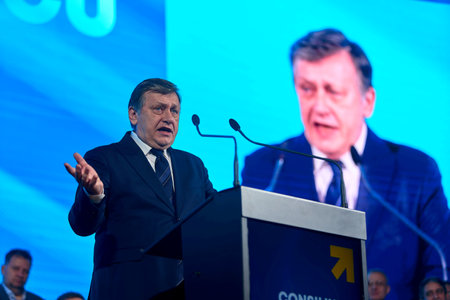 Bucharest, Romania. 26th Jan, 2025: Crin Antonescu, the presidential candidate of Romania from pro-European parties, speaks during the National Council of the National Liberal Party (PNL).のeditorial素材