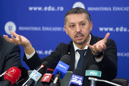 Bucharest, Romania. 30th Jan, 2025: Daniel David, the Romanian Minister of Education, speaks during a press conference at the headquarters of the Ministry of Education.のeditorial素材