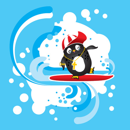 Funny penguin with red cap rides his surf on wavesのイラスト素材