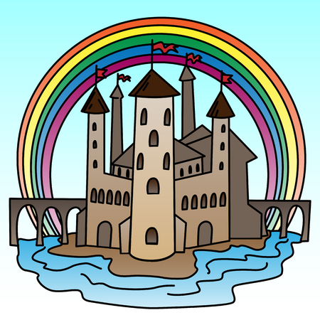 Castle vector illustration. Colorful illustration of fantasy building and rainbowのイラスト素材