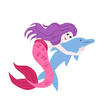 Mermaid and dolphin vector illustrationのイラスト素材