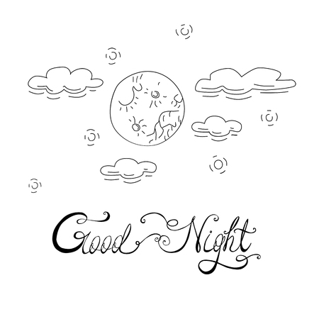 Good Night lettering and night sky vector illustrationのイラスト素材