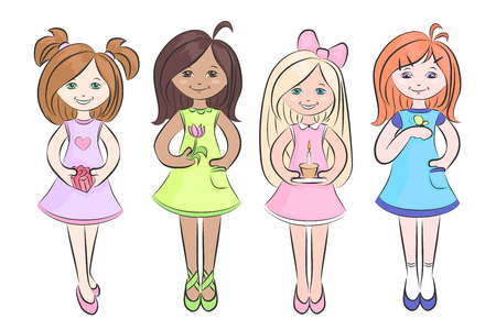 Cute little girls set colored vector illustrationのイラスト素材