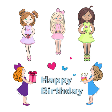 Cute little girls set colored vector illustrationのイラスト素材